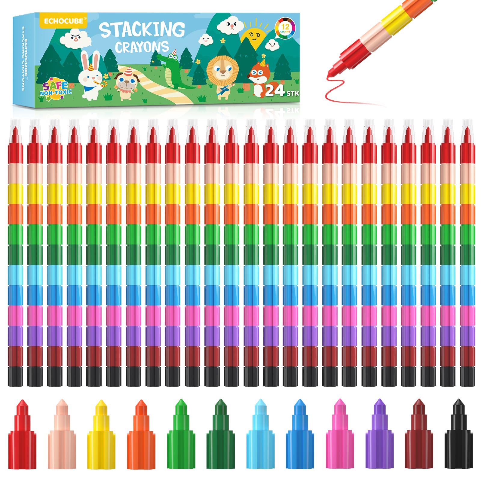 ECHOCUBE 24 Swop Point Crayons for Kids & Adults, Stacking Crayons for School & Office, Rainbow Pencil Set for Party Bags