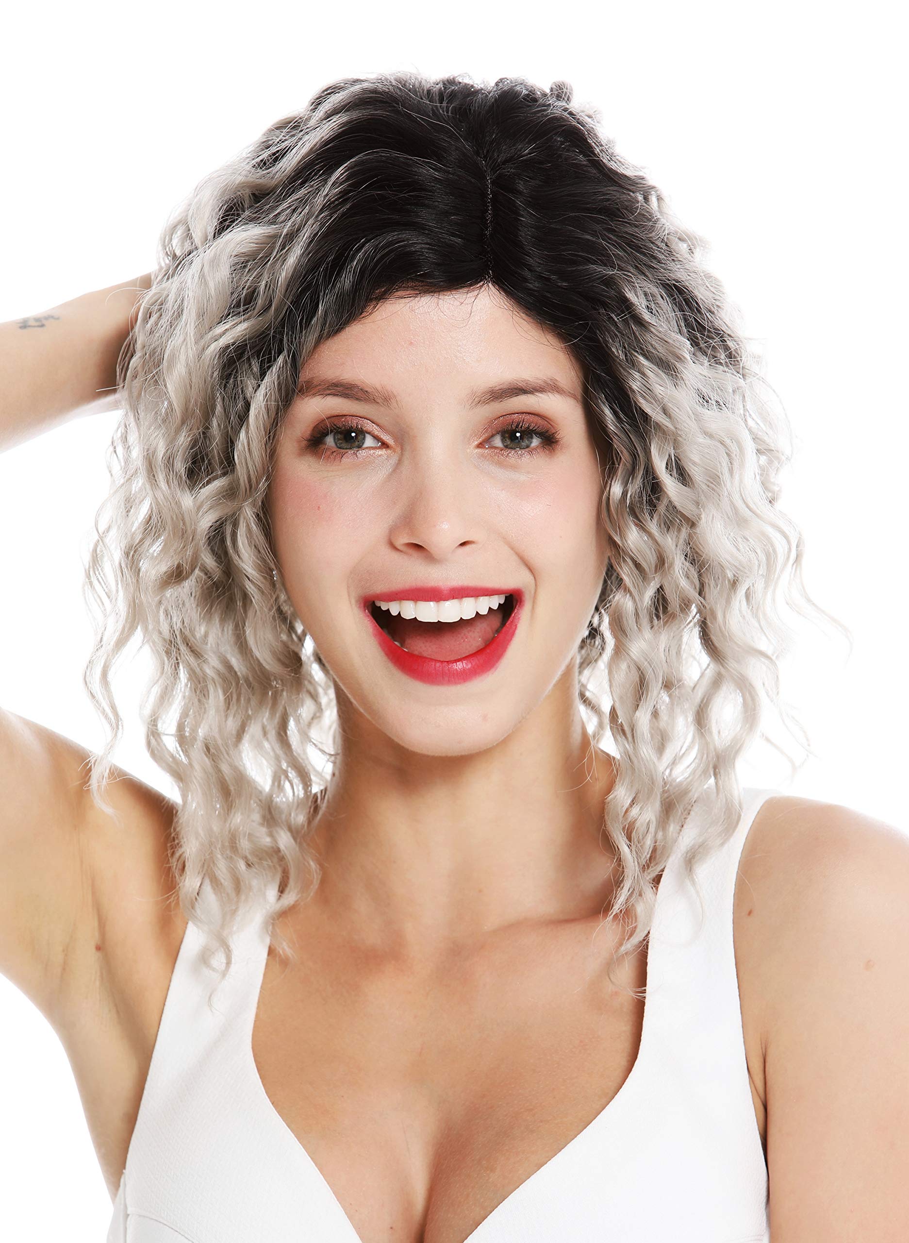 WIG ME UP - VK-15-MF-101YS1B women's quality wig short shoulder length lace front partial monofilament parting very curly ombre black grey