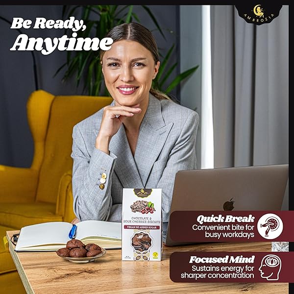 AMBROZIA VEGAN SNACK BISCUITS – CHOCOLATE & SOUR CHERRY – SOFT BAKED, NO ADDED SUGAR, CLEAN LABEL, HIGH FIBER & WHOLESOME INGREDIENTS, KID-FRIENDLY, HEALTHY SNACKS FOR ACTIVE LIFESTYLES, 4 X 4.58 OZ