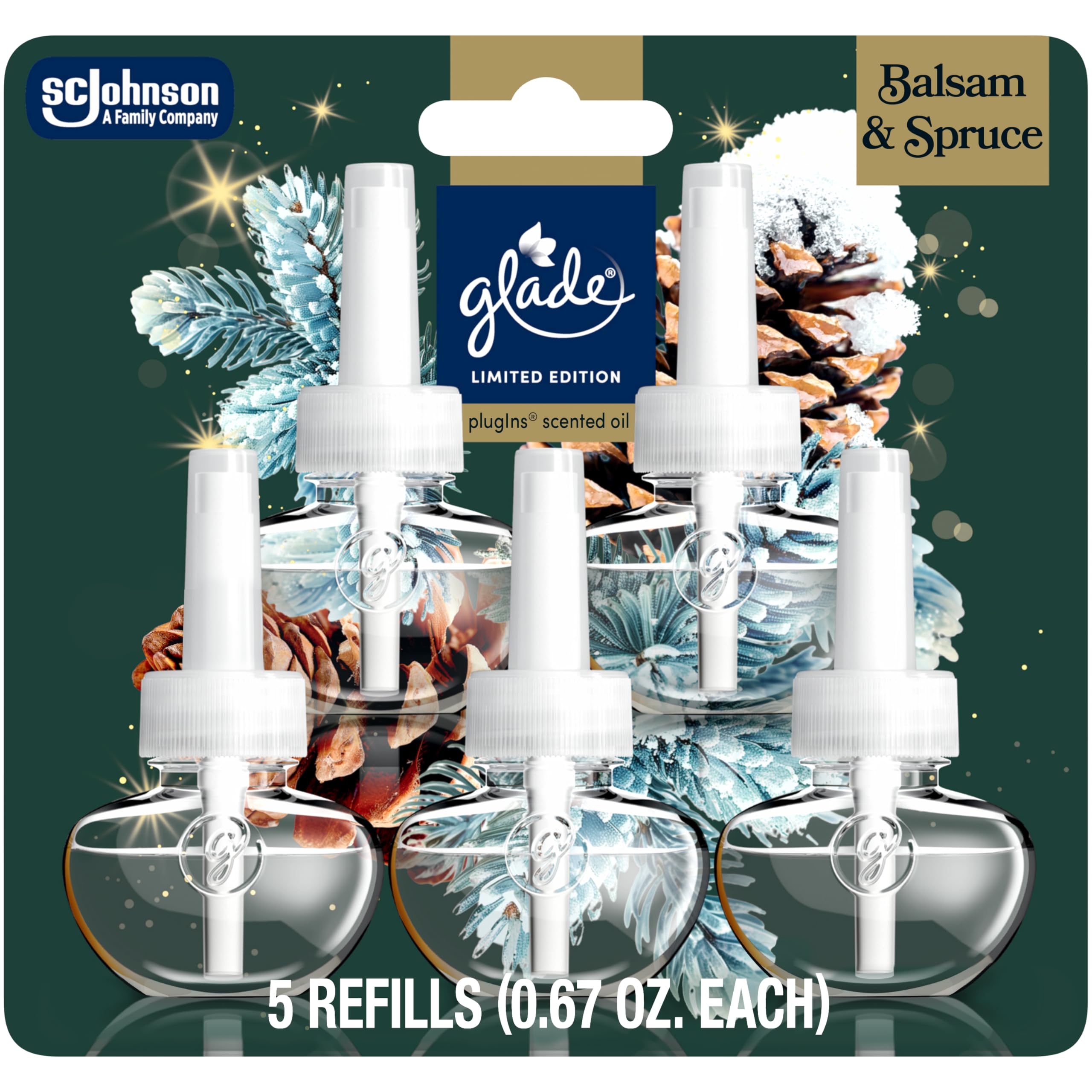 Photo 1 of Glade PlugIns Refills Air Freshener, Balsam & Spruce, Scented and Essential Oils for Home and Bathroom, 0.67 Fl Oz, 5 Count