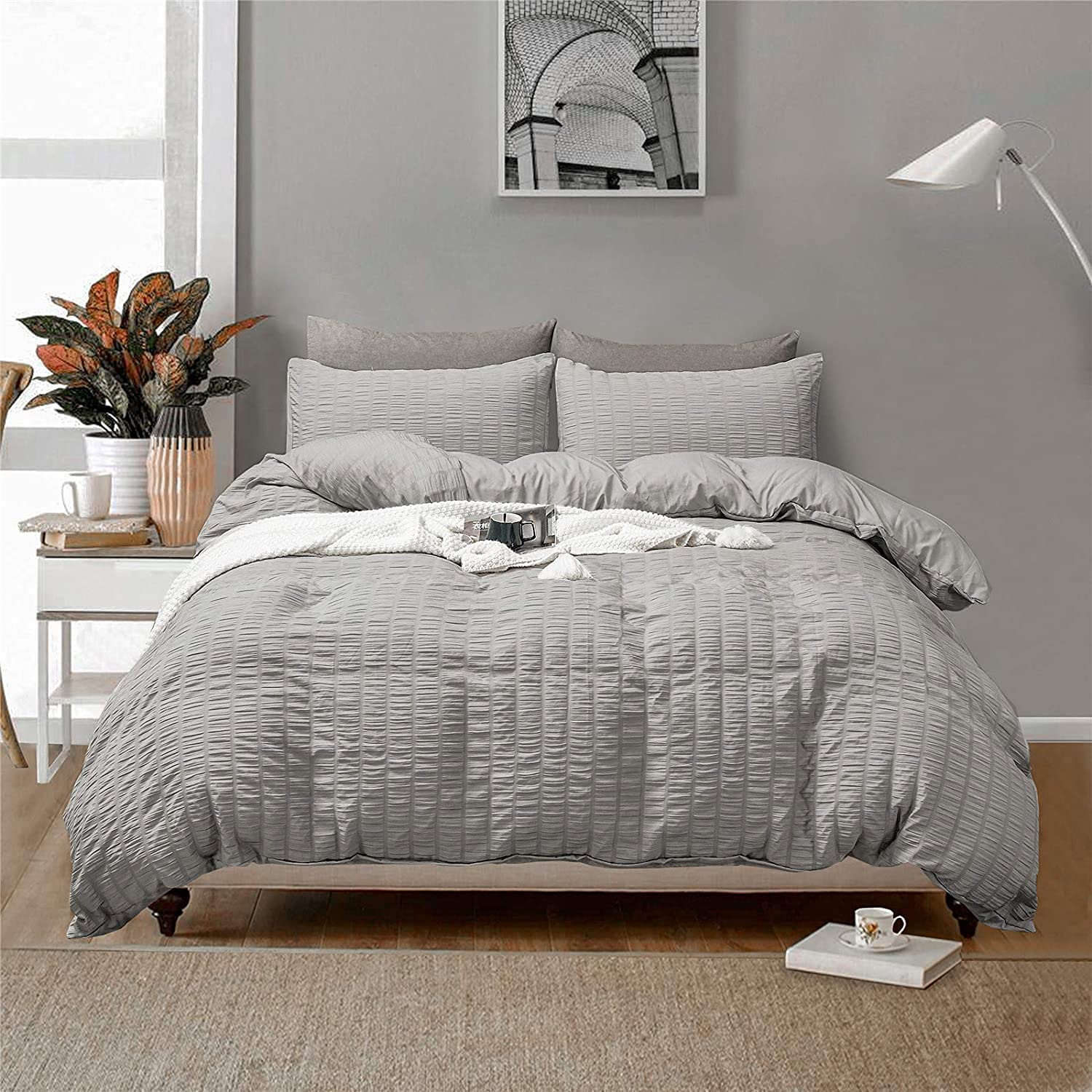 SeventhStitch Seersucker Duvet Cover with Pillow Cases 100% Cotton Waffle Quilt Covers Pink Charcoal Silver Grey White Bedding Sets Double Super King Bed Set (Silver, Super King)