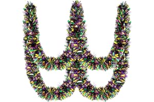 Gloreyan 33FT Mardi Gras Tinsel Garland Purple Green Gold Metallic Twist Foil Tinsel Garland Hanging Garland for Carnival Party Indoor Outdoor Decoration