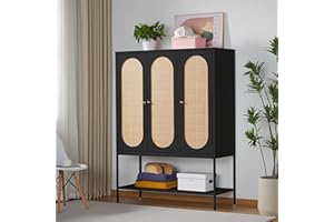 LEVNARY Large Armoire Wardrobe Closet with 3 Doors, Rattan Wardrobe Cabinet with Hanging Rail for Clothes, Freestanding Wooden Closet for Bedroom, Black (47.24" W x 18.89" D x 62.99" H)
