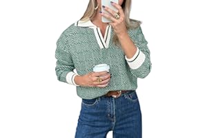 Saodimallsu Womens Fall Sweaters Tops Lapel V Neck Knit Sweater Color Block Long Sleeve Casual Soft Pullover Shirt