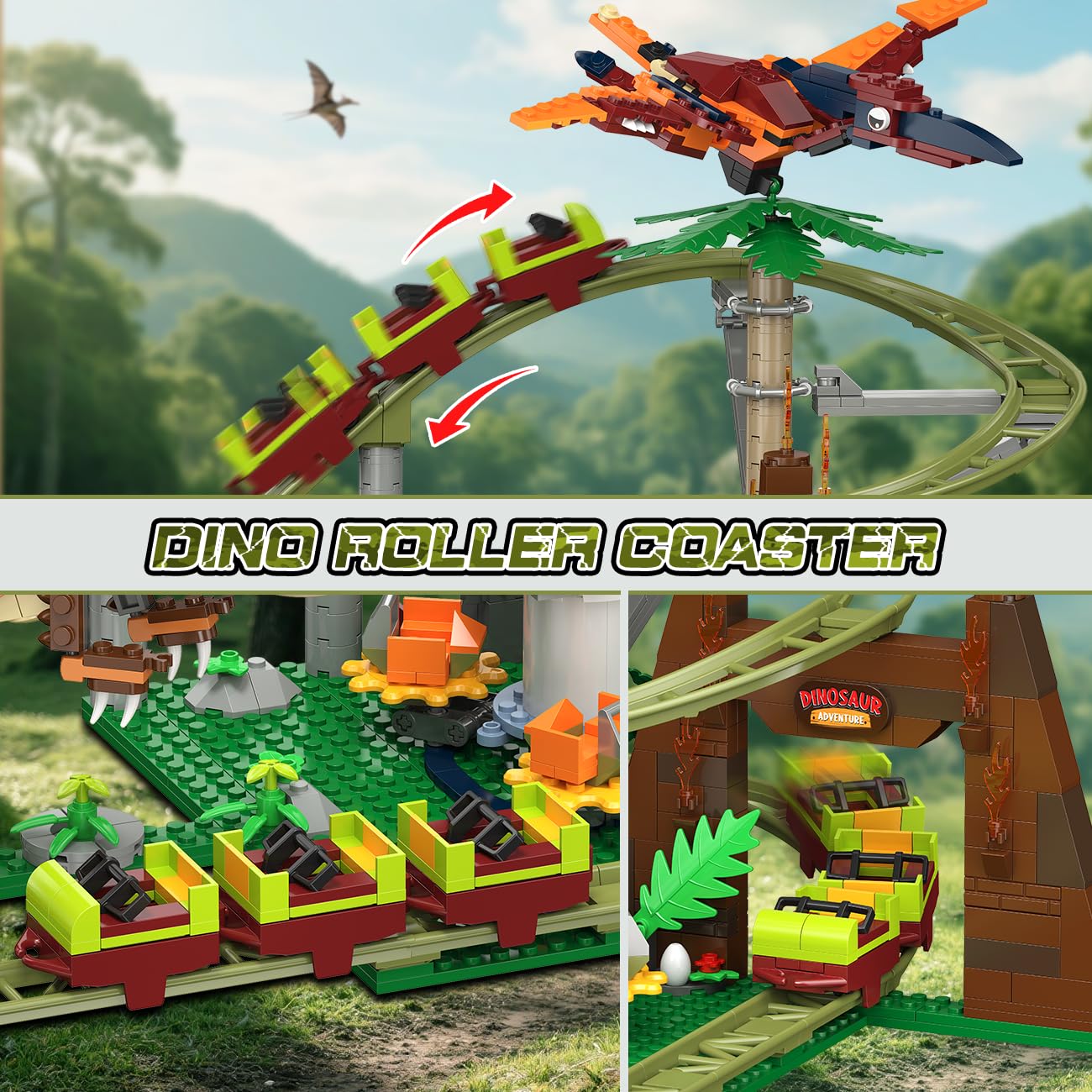 HOGOKIDS Dinosaurier Achterbahn Bausteine Spielzeug – 1222pcs Achterbahn Bauspielzeug mit 4 Dinosauriern, Geländewagen, Dinosauriermodellen, Geschenk für Erwachsene, Mädchen Jungen ab 8 Jahren 4