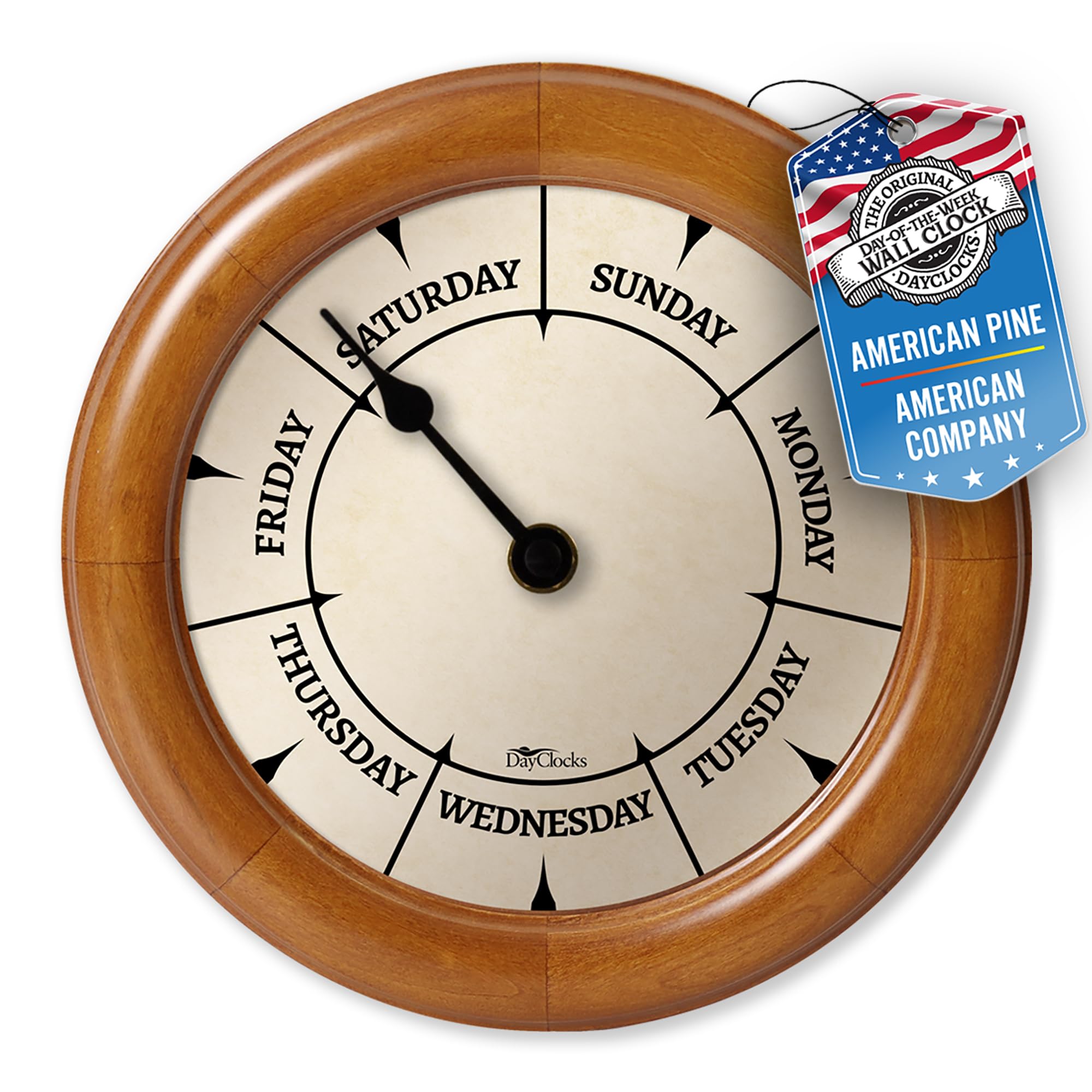 DayClocks Classic Day of The Week Wall Clock with Solid Wood Frame – Calendar Day Clock – Great Pine, 10" — image 1
