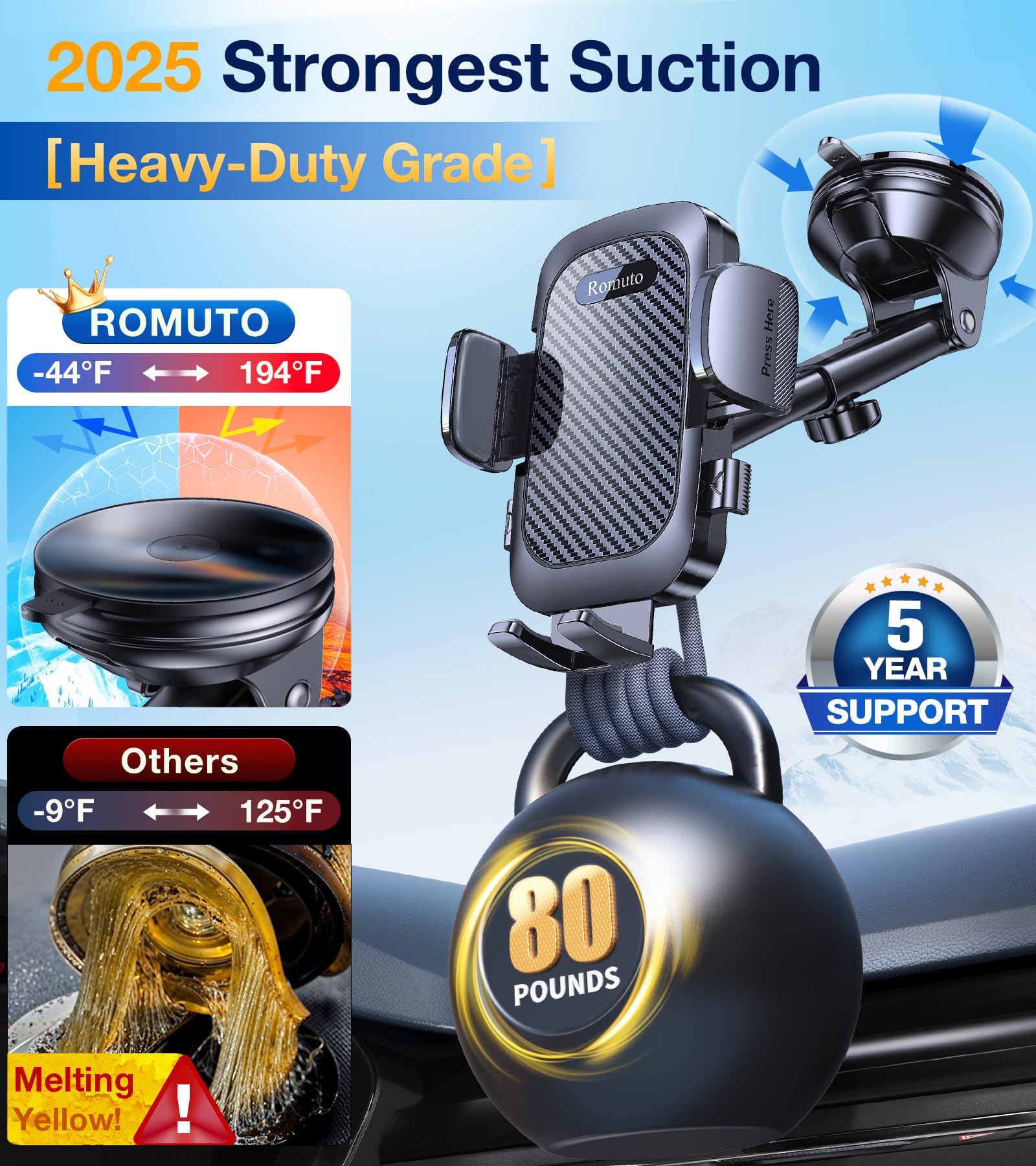 Romuto Phone Holders for Your Car Phone Holder Mount【Super Suction】Cell Phone Mount for Car Accessories for Women Men Dashboard/Windshield/Vent Truck Stand Wall Mounts for iPhone 17 Pro Max 16 Samsung