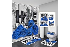 Yddsky Blue Rose 4 Pcs Shower Curtain Sets Non-Slip Rugs Bath Mat Toilet Cover U Shaped Mat Black Blue Shower Curtain with 12 Hooks Red Rose Valentine's Day Bathroom Set