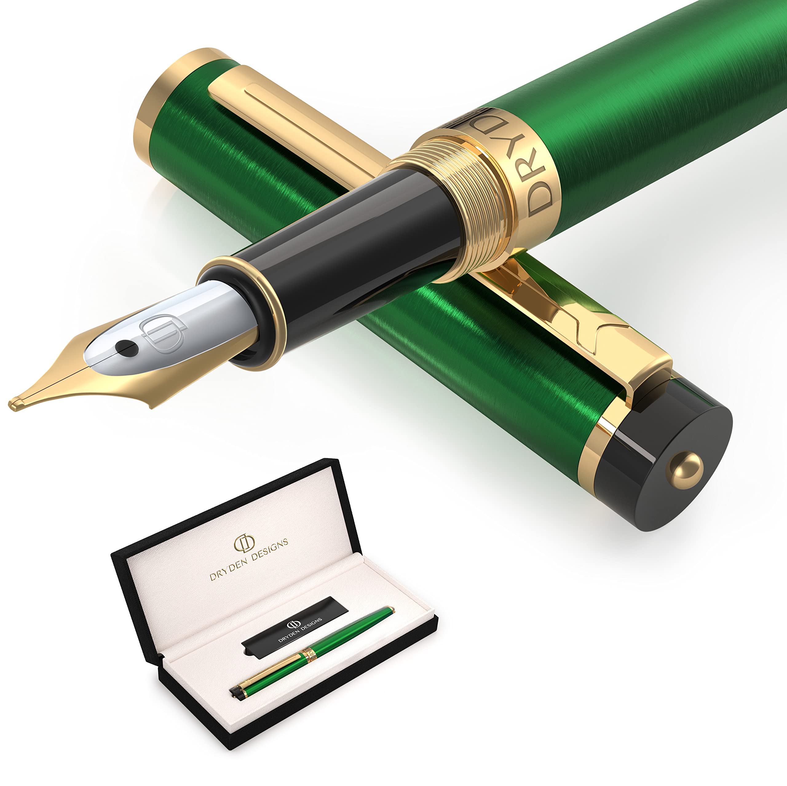 Dryden Designs Fountain Pen - Medium Nib Premium Box | 6 Ink Cartridges Included | Emerald Green