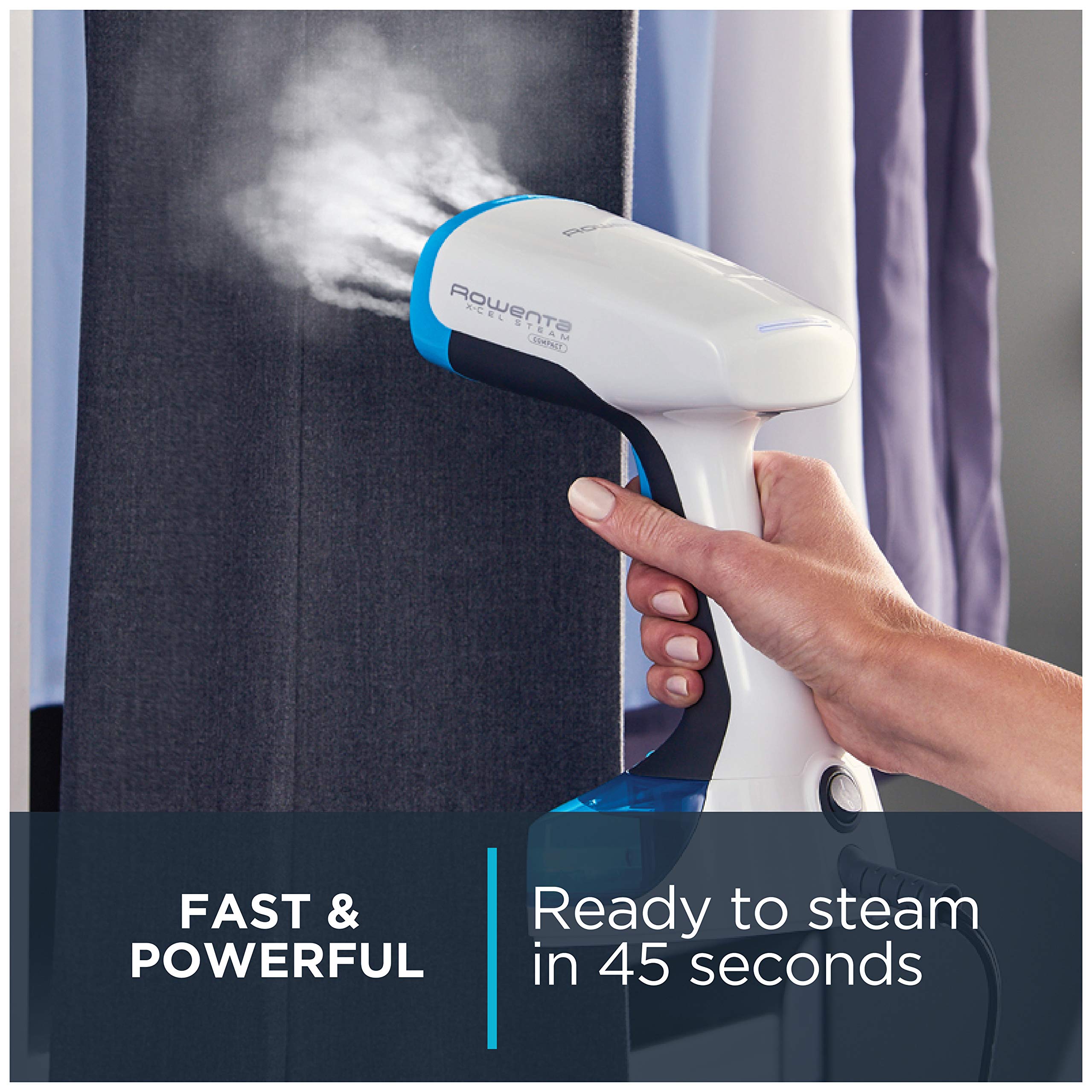 Rowenta X-Cel Handheld Steamer for Clothes 45 Second Heatup, 5 Ounce capacity, Cotton, Wool, Poly, Silk, Linen, Nylon 1100 Watts Portable, Ironing, Garment Steamer, Travel Must Have DR7000,Blue