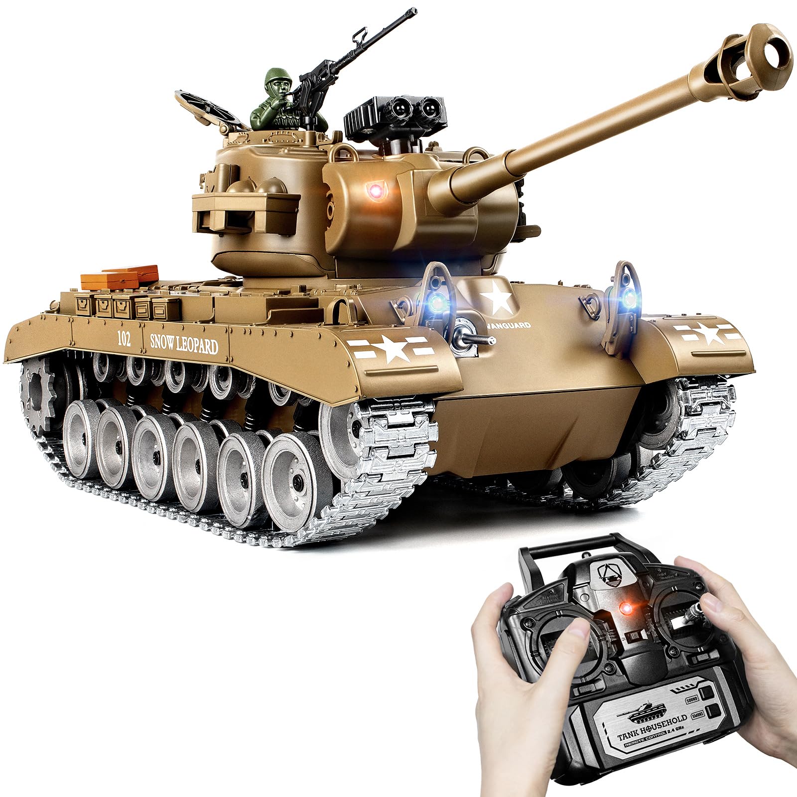 Supdex 1:18 RC Tank M26, 2.4Ghz Remote Control Tank, Remote Control US Army Military Model That Shoots BB, Recoil, Smoke, Engine Sound and Lights, Tactical RC Battle Toy Gift for Adults and Kids