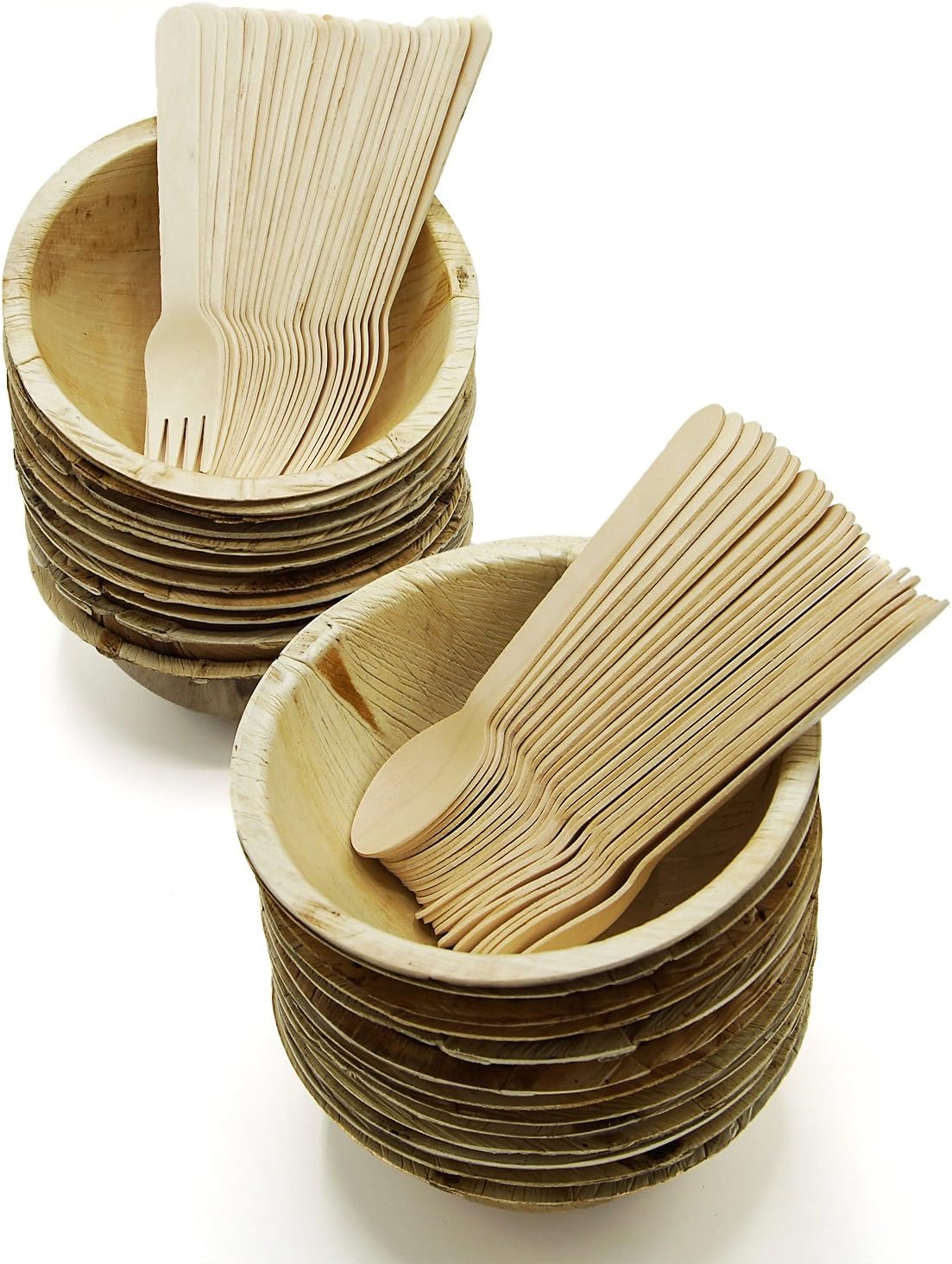 Party Disposable Deep Dishes Dinnerware Set of 75 - Round 16 Ounce Palm Leaf Bowl Plates (25), Wooden Forks(25) and Spoons (25) - Compostable