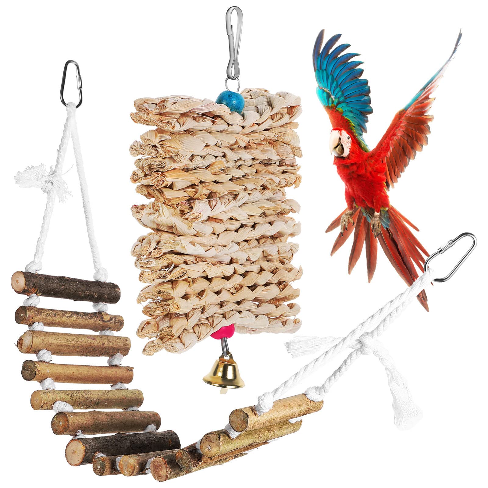 POPETPOP Bird Parrot Toys, Natural Wood Ladder Swing Chewing Toys Set Hanging Swing Climbing Ladders Toys for Bird Parrot
