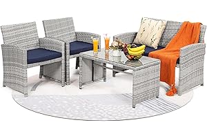 KROFEM 4 Piece Rattan Patio Furniture Set, Outside Sectional with 2 Chairs, Sofa, and Coffee Table, UV Resistant Wicker Grey Frame with Navy Blue Washable Overstuffed Cushions