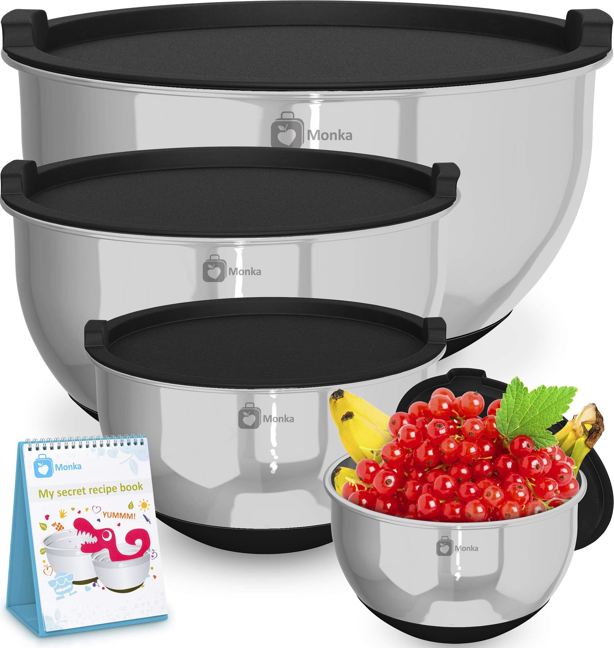 Premium Stainless Steel Mixing Bowls With Non Slip Bottom and Lids (Set of 4).Sizes 8, 5, 3, 1.5 For Healthy Meal. Nesting & Stackable. Monka