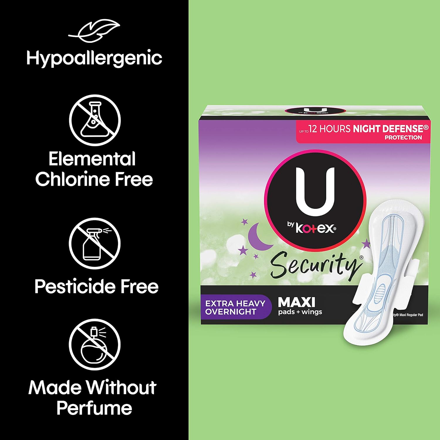 U by Kotex Security Maxi Feminine Pads with Wings, Extra Heavy Overnight Absorbency, Unscented, 48 Count (2 Packs of 24) (Packaging May Vary): Health & Personal Care