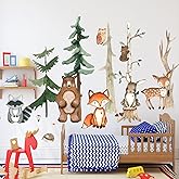 Large Woodland Animals Nursery Wall Decals,Watercolor Forest Tree Fox Deer Bear Wall Stickers,Peel and Stick Jungle Bedroom Room Decor for Nursery Baby Kids Boys