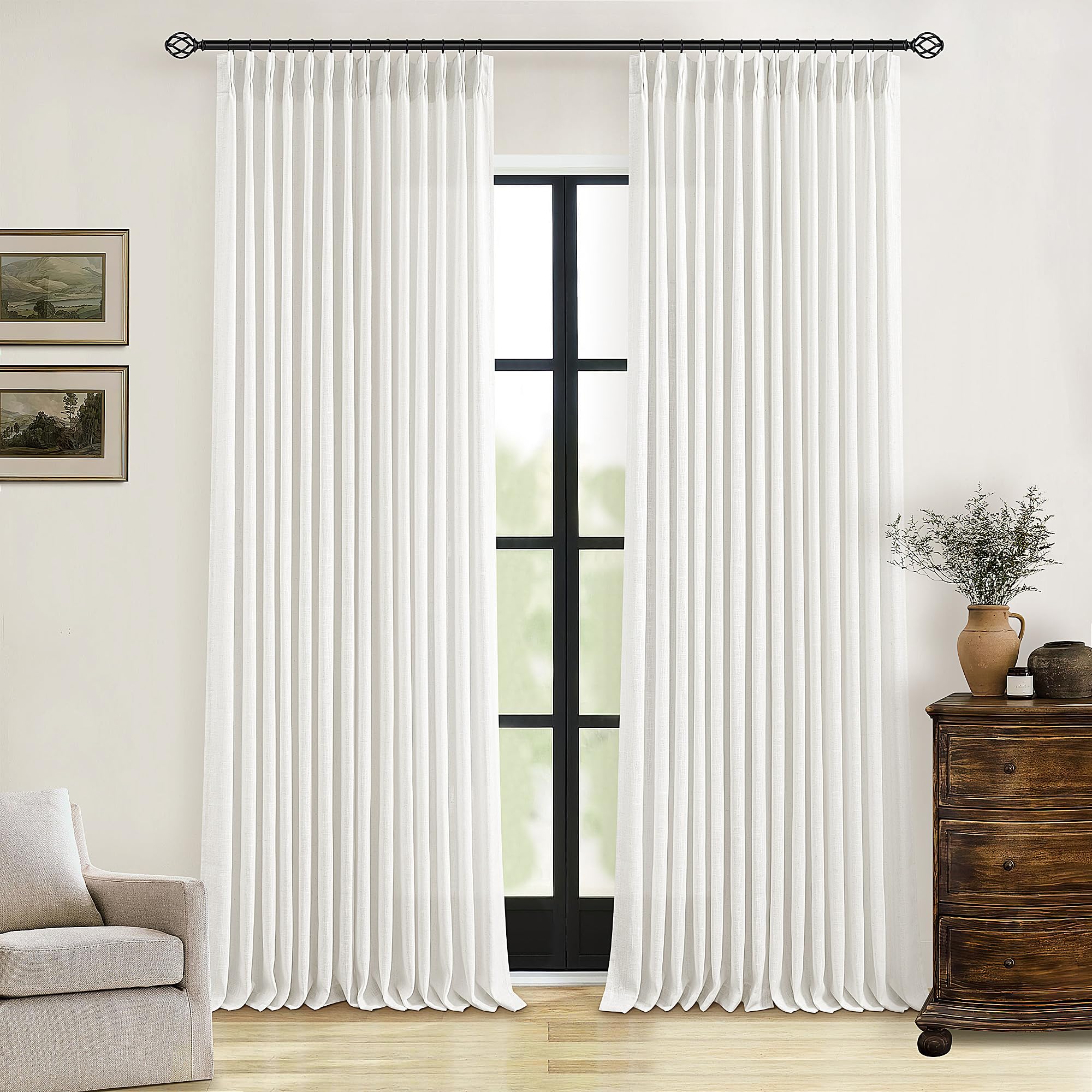 Photo 1 of Beige White Linen Curtains 108 Inches Long 2 Panels Set for Living Room Neutral Boho Thick Linen Textured Pinch Pleated Memory Shape Light Filtering Ceiling Semi Sheer Window Curtain Hook Rings Ivory