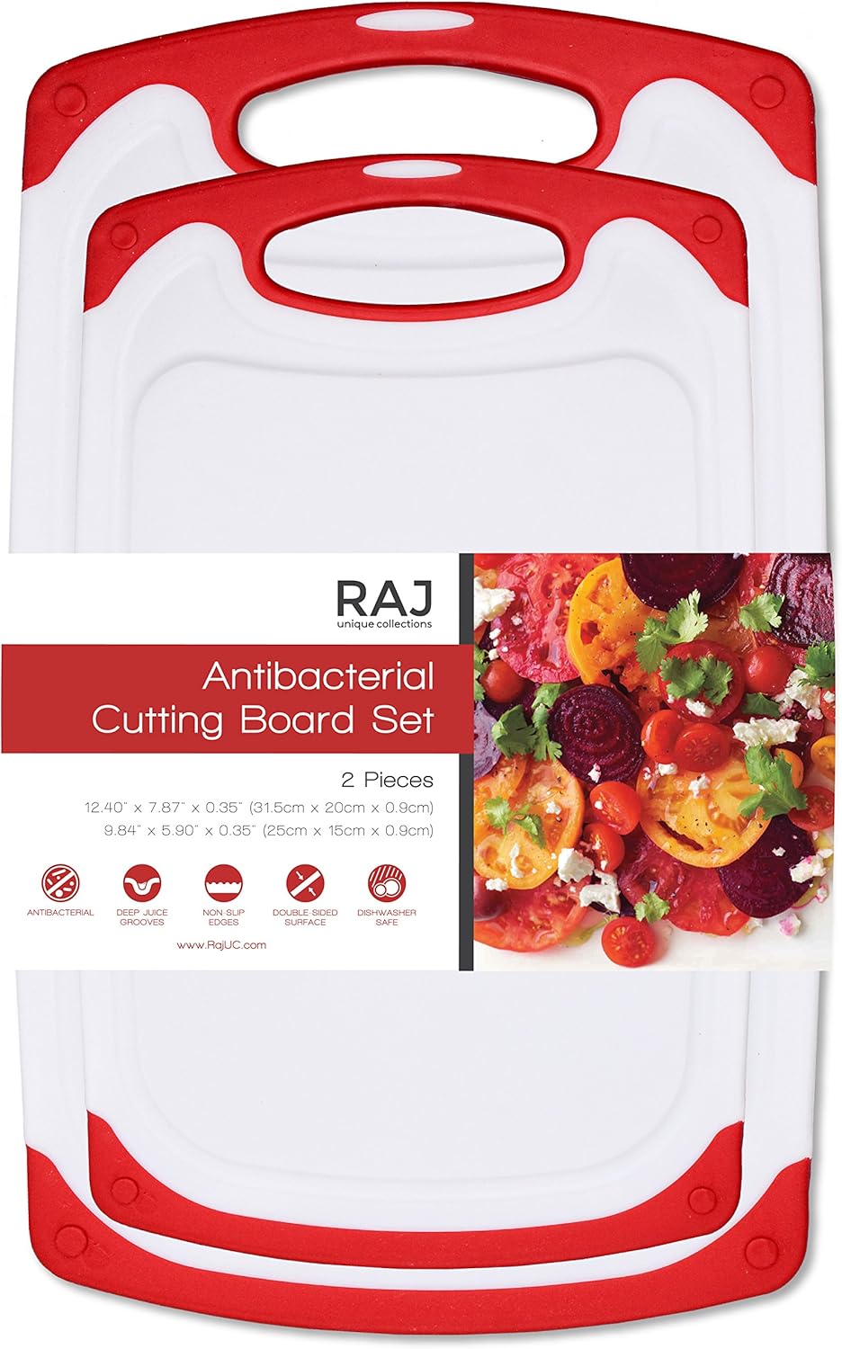 Raj Plastic Cutting Board Reversible Cutting board, Dishwasher Safe, Chopping Boards, Juice Groove, Large Handle, Non-Slip, BPA Free, FDA Approved (Set of Two, Red)