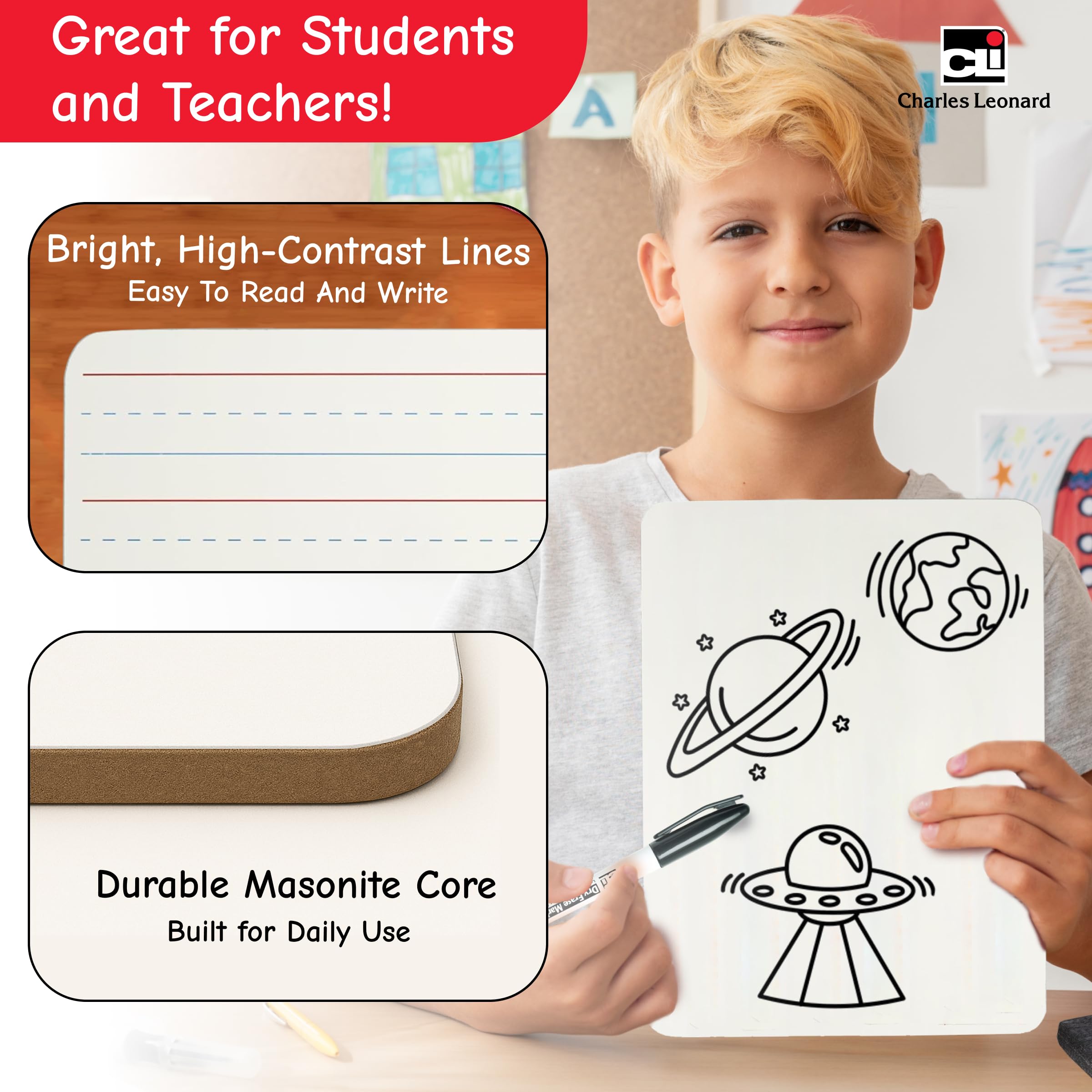 Charles Leonard Dry Erase Board Classroom Pack - Mini Lapboard School Supplies – Set of 12 Two-Sided Plain/Lined Dry Erasable White Boards, 9x12 Inches (35120)