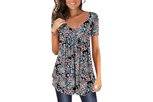 onlypuff Womens Short Sleeve Summer Tops for Leggings Loose Fit Button Henley V-Neck Tunic Blouse Shirts S-3XL