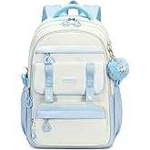 QHRIDS School Backpack for Girls, Laptop Backpack 15.6 Inch Kids Elementary Middle High School Bag Anti Theft Cute College Bookbags for Teens Girls Women Students Casual Travel Daypack,Blue Beige