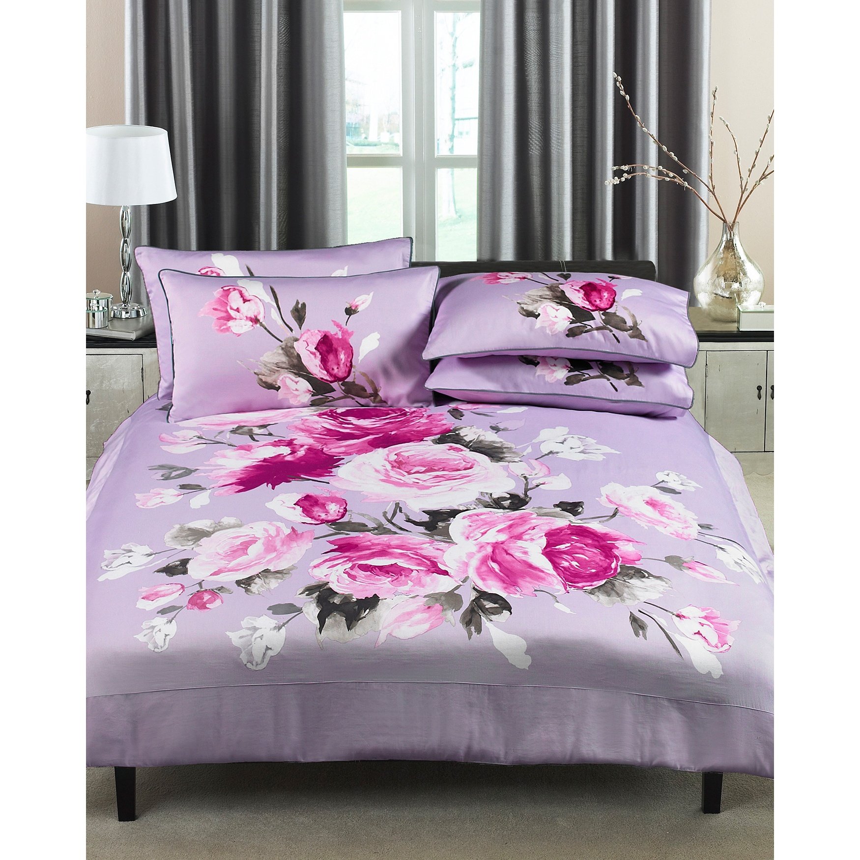 Riva Paoletti Windsor Super King Duvet Cover Set - Heather Purple - Rose Flower Print Design - 300 Thread Count - 100% Cotton - Machine Washable - 260 x 220cm (102" x 87" inches)