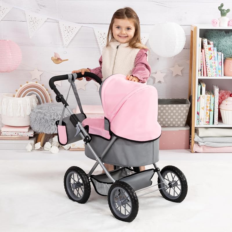13008AA Puppenwagen Trendy, mit Tasche, höhenverstellbarer Griff, große Räder, integrierter Korb, faltbar, Grau/Rosa