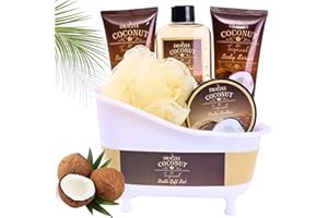 Spa Gift for Women - 5 Pcs Draizee Coconut Scented Spa Gift Basket for Women Bath & Body Set Lotion, Scrub & Butter, Shower Gel & Puff #1 Birthday, Self Care Gifts for Women