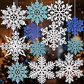 FOIMAS 12pcs Large Snowflake Ornaments, Hanging Glitter White Giant Snowflake Decorations for Xmas Tree Indoor Outdoor Winter Holiday Decor (White & Blue)