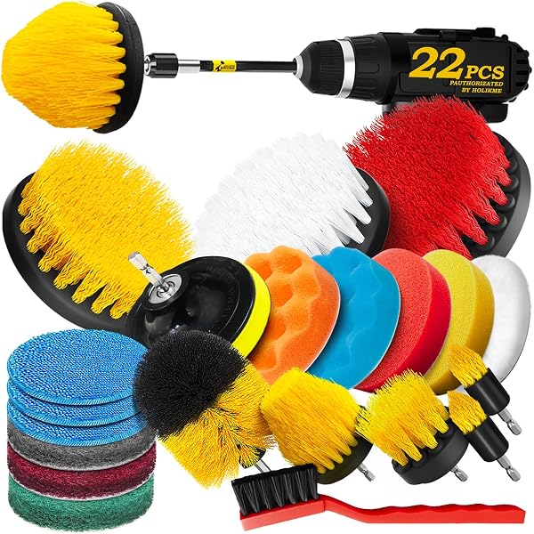 4-Piece Power Scrubber Drill Brush Set - 1/4 Inch Drive, Yellow Nylon Bristles For Tile & Grout