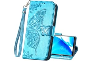 HAOTP Oneplus Nord N200 Case,1+ Nord N200 PU Leather Wallet Flip Protective Phone Case with Wrist Strap Card Slots Holder Pocket Emboss Butterfly Flower Stand Case for Oneplus Nord N200 Blue