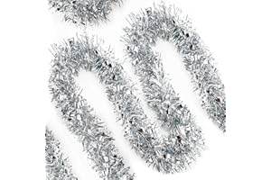 KINGLAKE Christmas Silver Tinsel Garland - 33 Feet Christmas Tinsel Garland Metallic Hanging Xmas Tree Garland for Xmas Tree, Home and Holiday Party Decorations Indoor Outdoor