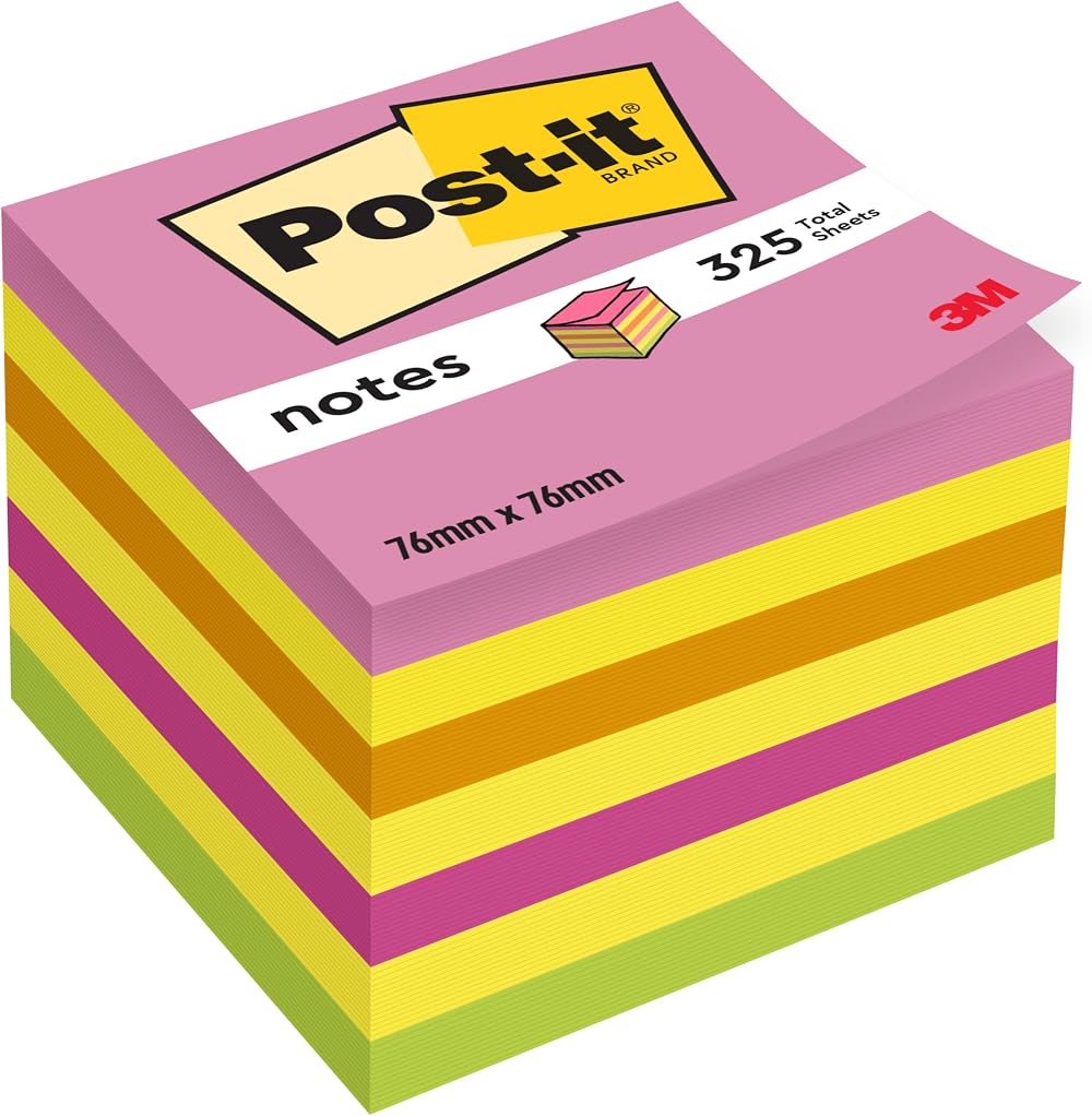 Post-it Neon Rainbow Cube Sticky Notes 325 Sheets 76 mm 4 Colors Pink