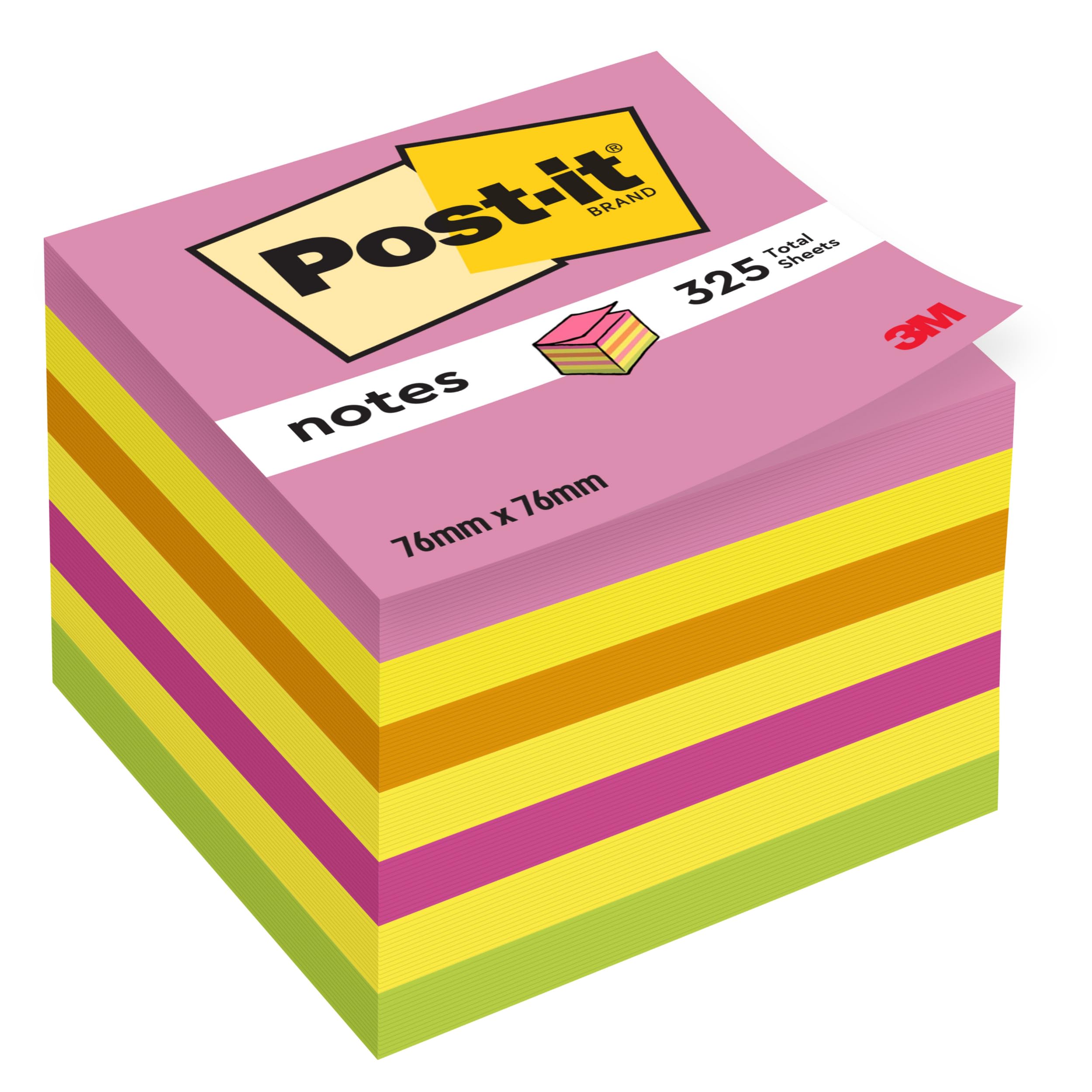 Post-it Sticky Notes Cube Neon Rainbow Collection, Pack of 1 Pad, of 325 Sheets, 76 mm x 76 mm, Pink, Yellow, Orange, Green Colors - Self-Stick Notes for Note Taking, to Do Lists & Reminders