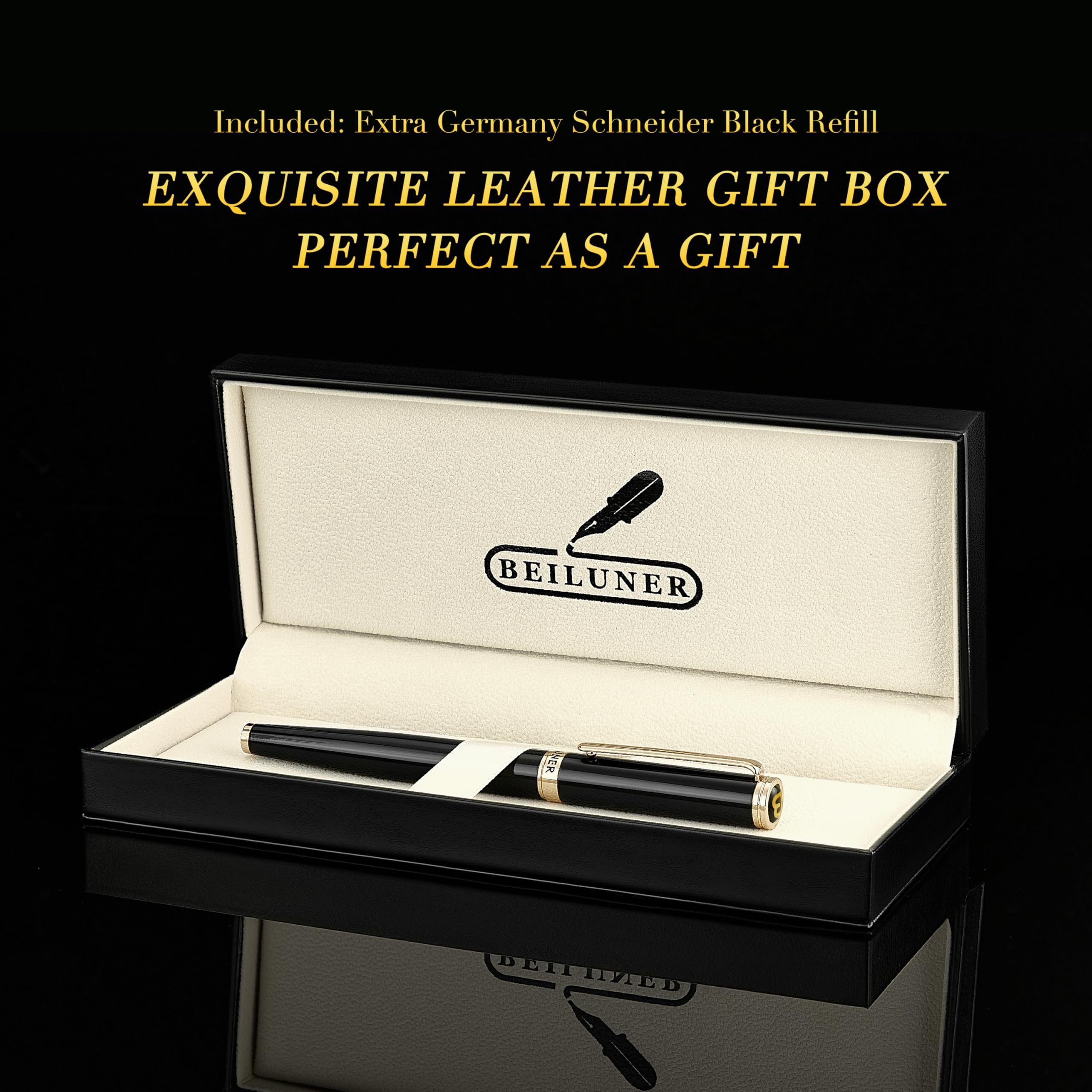 BEILUNER Hochwertiger Tintenroller mit Echtvergoldung - Professioneller Kugelschreiber mit schwarzer Schneider 850 Mine - Geschenkbox - Luxus Schreibgerät für Business & Geschenkanlässe(Schwarz) 6