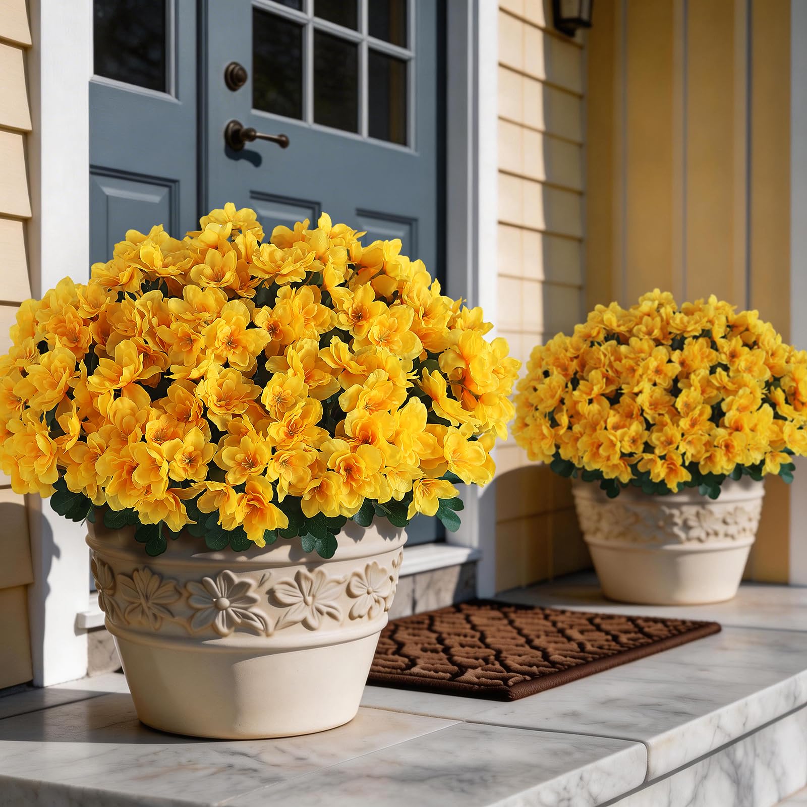 Photo 1 of 16 Bundles Artificial Flowers for Front Door, Fake Silk Azalea Bouquet Silk Flowers for Outside UV Resistant Realistic Faux Plants for Planter Farmhouse Patio Garden Walkways Home Decor (Yellow)