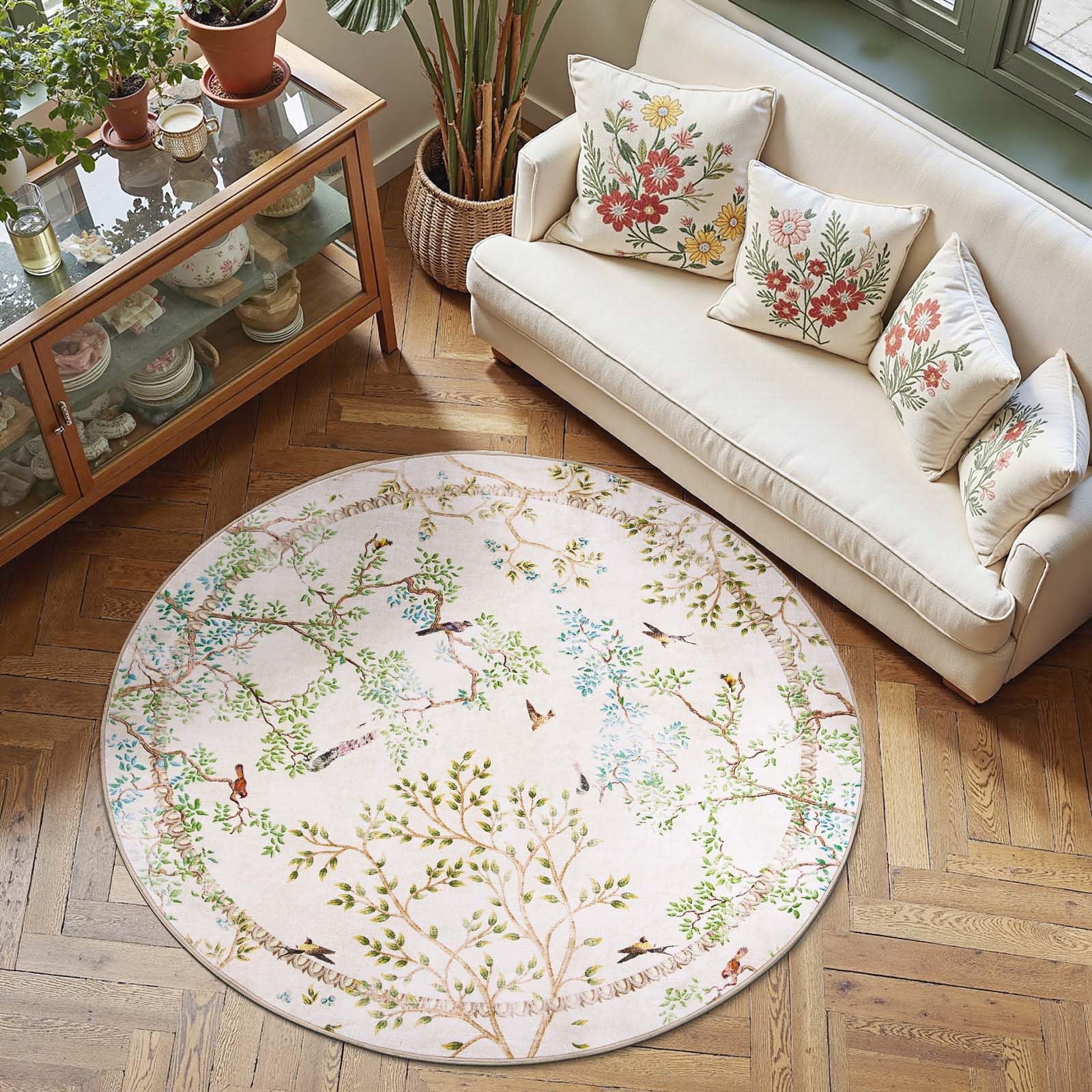 Photo 1 of jinchan Round Rugs 6ft Ivory Botanical Birds Print Machine Washable 6' Circle Nature Plants Modern Soft Non Slip Kids Throw Area Rugs Ultra Thin Low Pile Carpet for Living Room Bedroom Dining Room