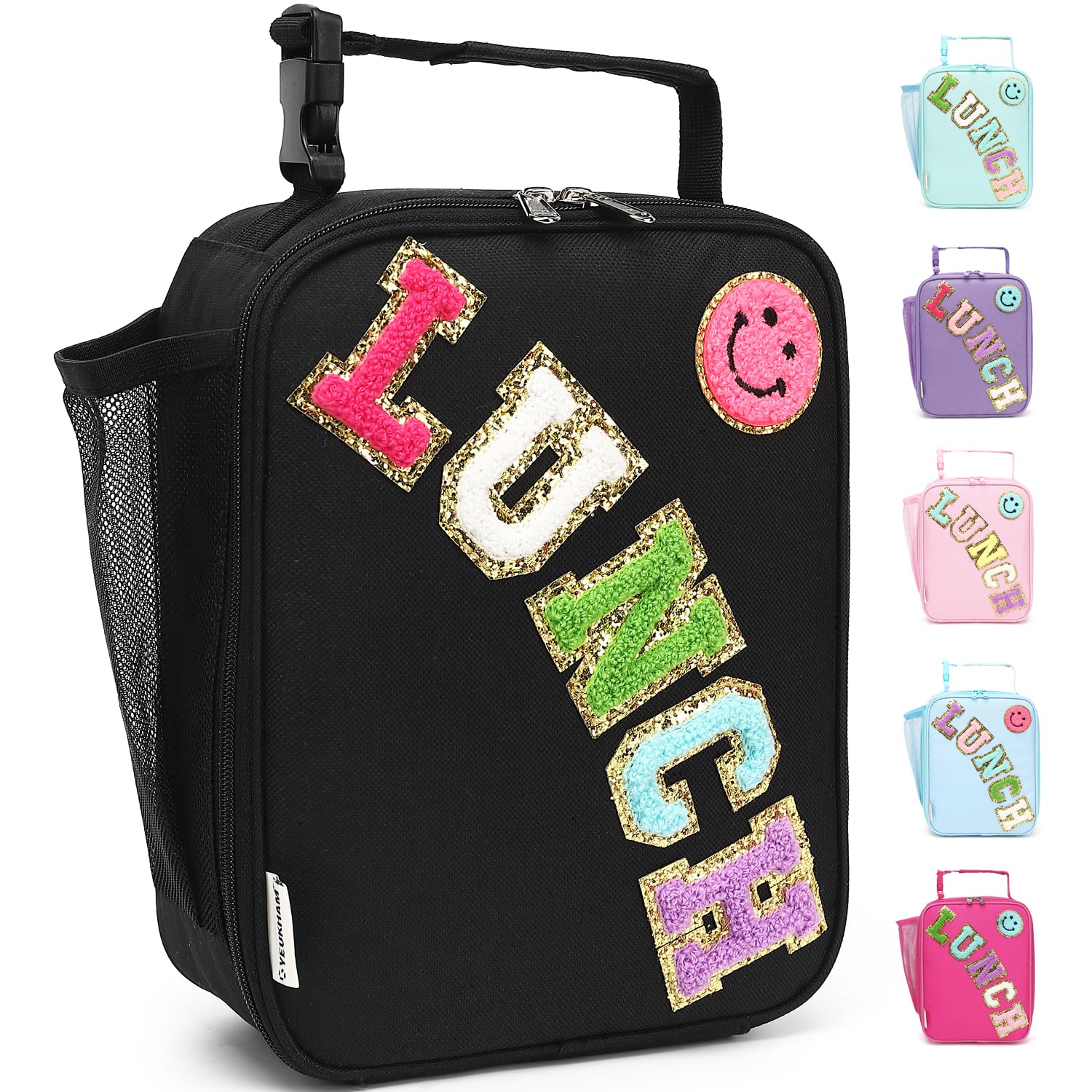 Photo 1 of FlowFly Lunch box Insulated Soft Bag Mini Cooler Back to School Thermal Meal Tote Kit With Buckle and Mesh Side Pocket for Girls, Boys, BlackWithLetter