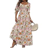 Women Boho Maxi Dresses Summer 2026 Puff Sleeve Square Neck Smocked Aline Casual Ruffle Tiered Flowy Beach Long Dress Pocket