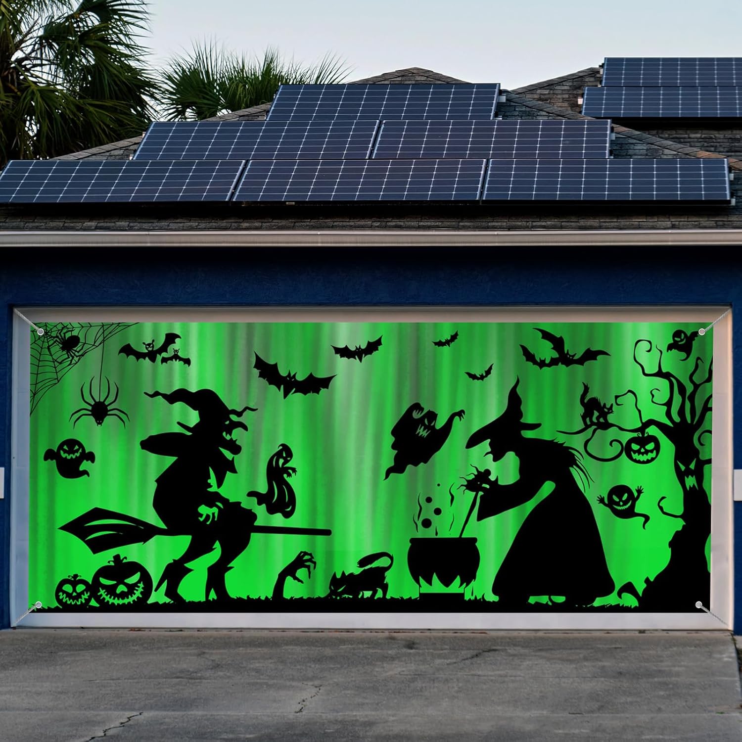 Garage Door Decorations - Preboun Halloween Garage Door Decorations Witch Halloween Garage Door Cover 6.9 x 15.7 ft Ghost Bat Garage Door Banner Large Backdrop with Grommets for Halloween Yard Front Porch Wall Decorations