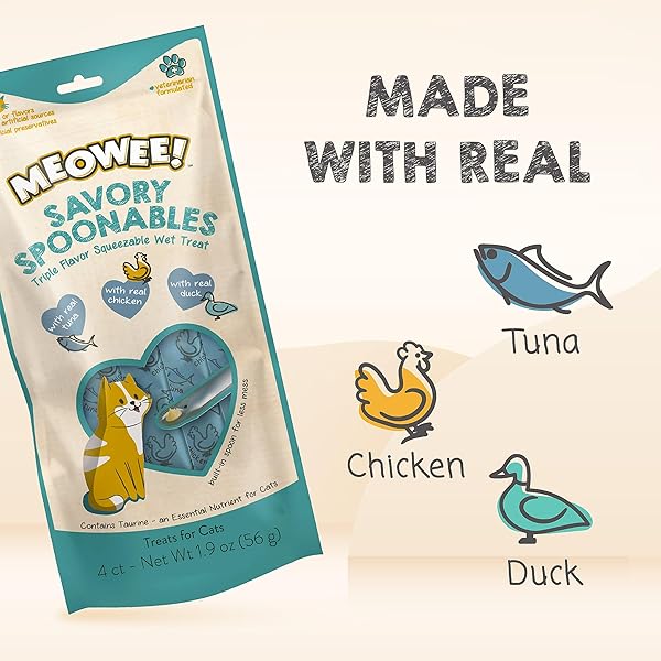 MEOWEE! SAVORY SPOONABLES WITH REAL TUNA, CHICKEN & DUCK, 4 COUNT TUBE, TRIPLE FLAVOR SQUEEZABLE LICKABLE WET TREATS FOR CATS WITH BUILT-IN SPOON FOR LESS MESS