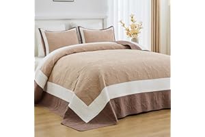 DDUOXIN Oversized King Bedspread 128"x120" - 100% Cotton Reversible California King Quilt with 2 Pillow Shams, Embroidery Lightweight Coverlet Set, Brown/Beige, 3 Piece