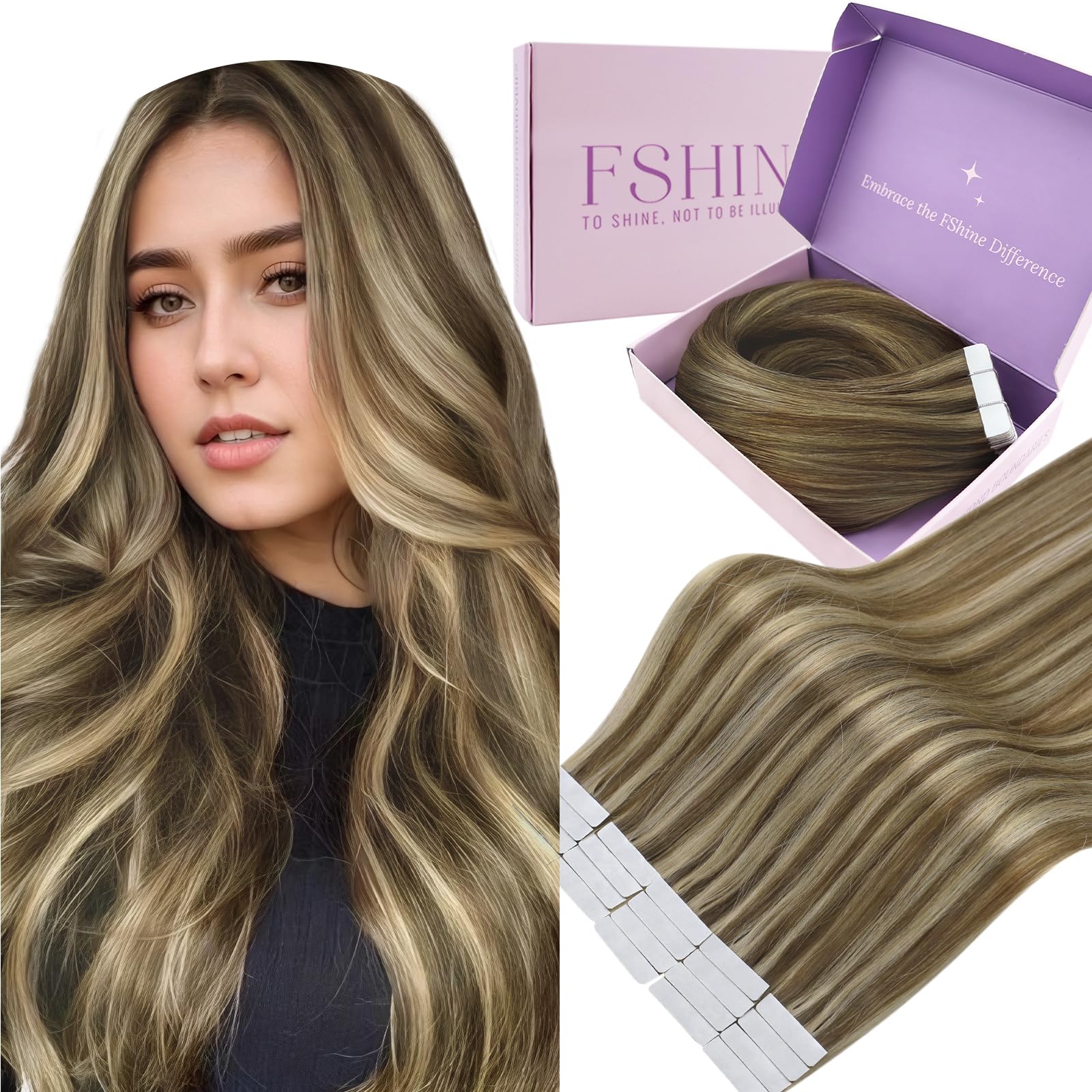 Fshine Real Human Hair Tape in Extensions,20 Inch 20 pcs 50 g,Seamless Tape in Hair Extensions Human Hair,Color 4P27 Medium Brown Highlight Honey Blonde,for Women — image 1
