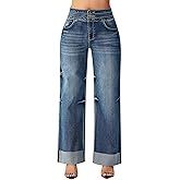 roswear Women's High Waisted Stretchy Wide Leg Jeans Cuffed Baggy Jeans Loose Denim Pants