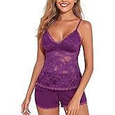 YYA Sexy Lace Pajamas for Women Set Pajama Short Set Cami&Shorts V Neck Night Lingerie Sleepwear, S-XXL