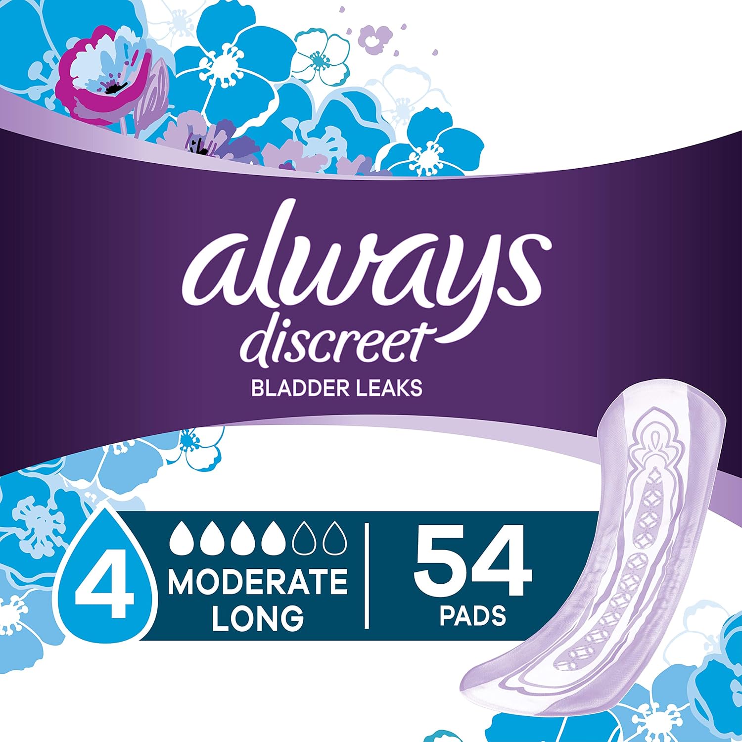 Always Discreet Incontinence Pads for Women, Moderate Absorbency, Long Length, 54 Count: Health & Personal Care