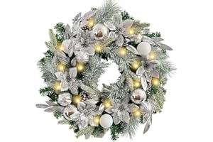 WANNA-CUL Pre-Lit 24 Inch Lighted Christmas Wreath for Front Door Decor with Silver White Christmas Ball Ornaments and Poinsettia Flowers,Battery Operated 30 LED Lights