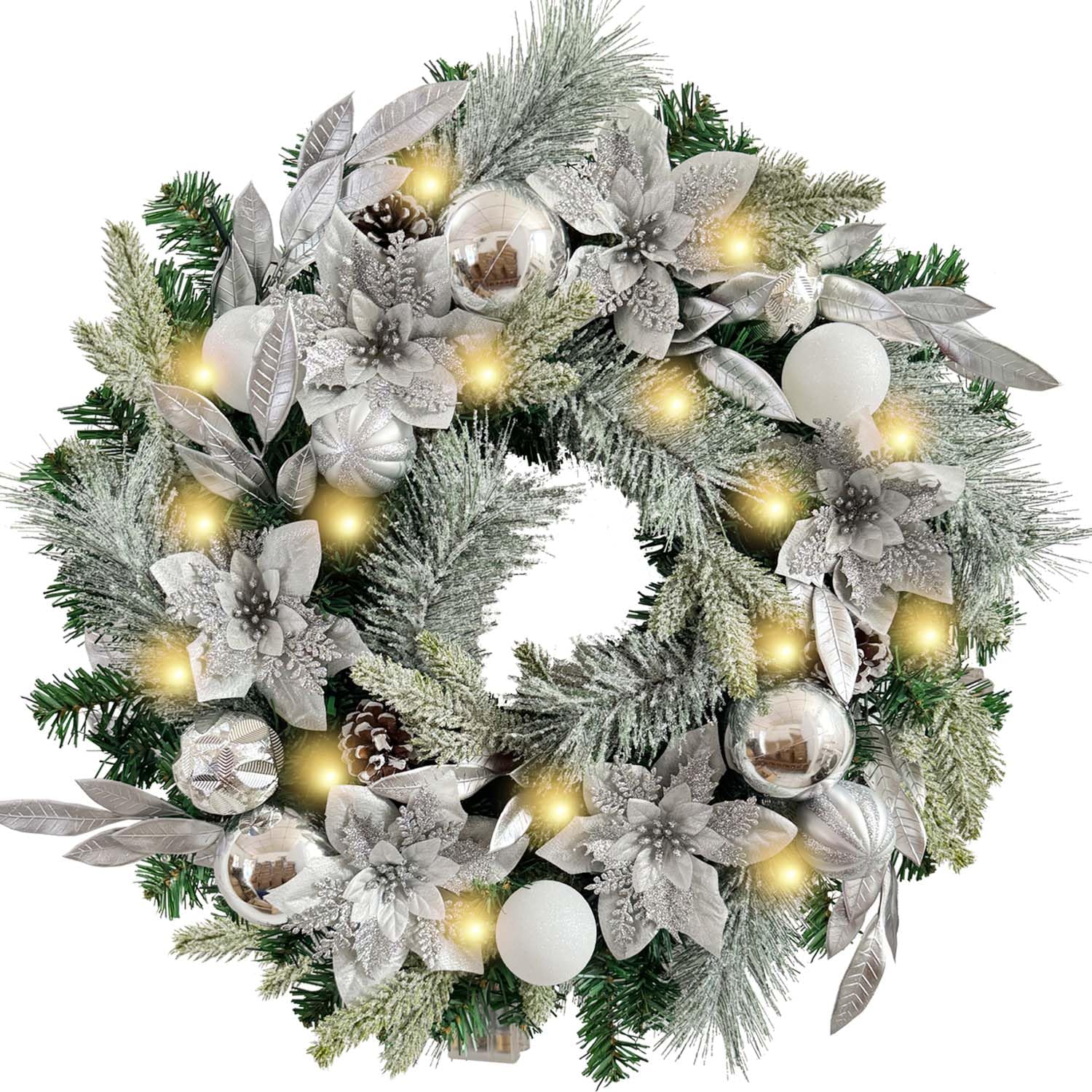 WANNA-CUL Pre-Lit 24 Inch Lighted Christmas Wreath for Front Door Decor ...