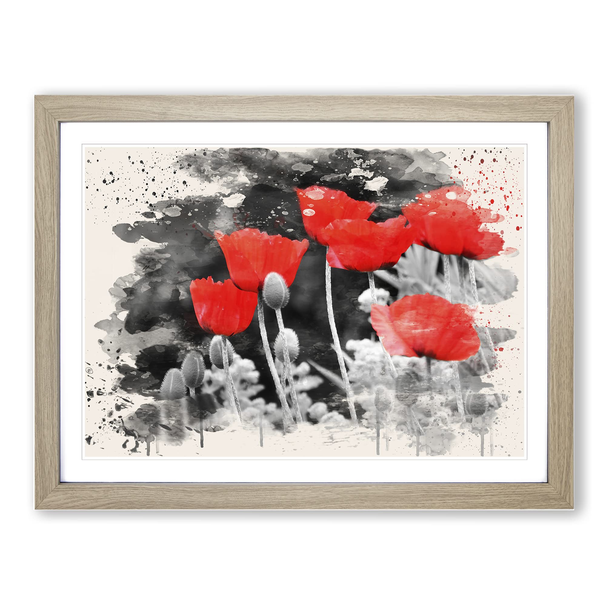 Red PModern OPpy Field Flowers No.7 Modern FC Framed Print | A3 Oak Framed Wall Art | Ready to Hang | Modern Floral Picture | Living Room Bedroom Lounge Office